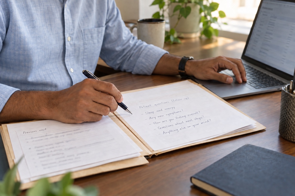 Illustrative close-up of a clinician reviewing a care record and handwritten questions at a consultation desk.